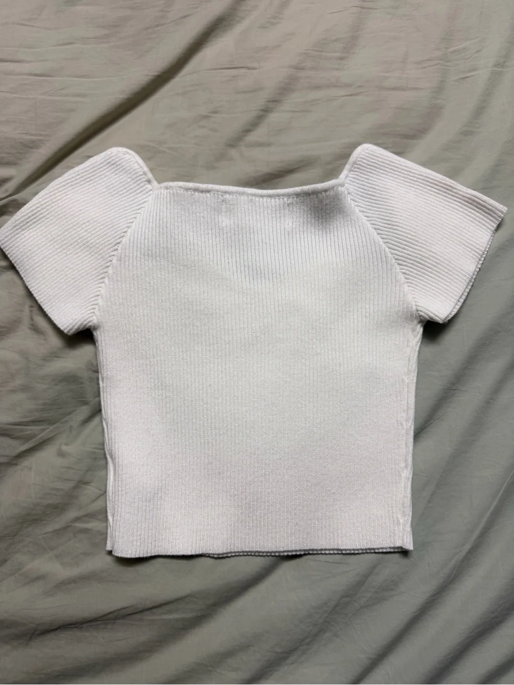 White Ribbed Square-Neck Knit Top